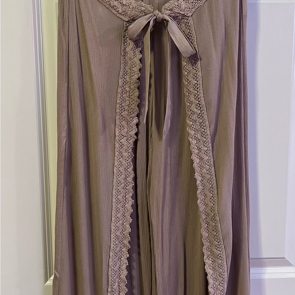 Brown Wide Leg Pants with Decorative Tie and Lace Detail